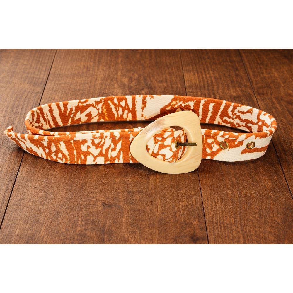 Vintage Abstract Print Fabric Belt Orange Cream ivory buckle Boho 22-28" stretch